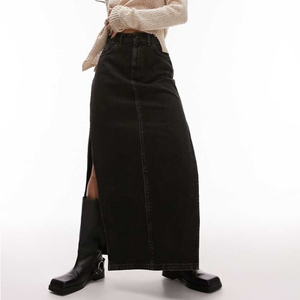 Topshop denim maxi skirt with side split in dirty wash black